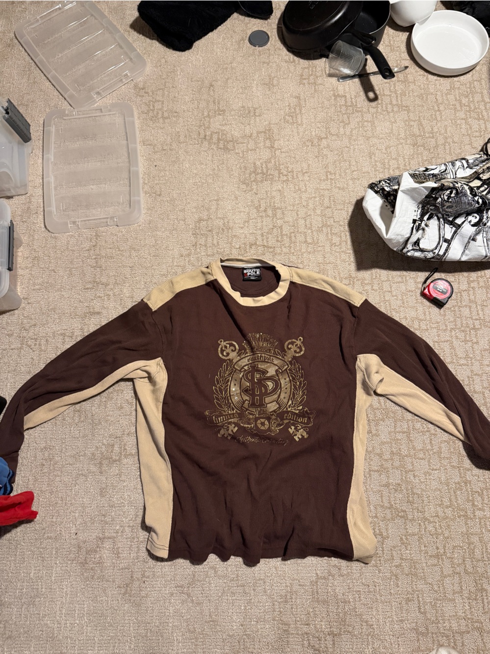 South Pole Brown & Tan Crewneck Graphic Pullover Sweater